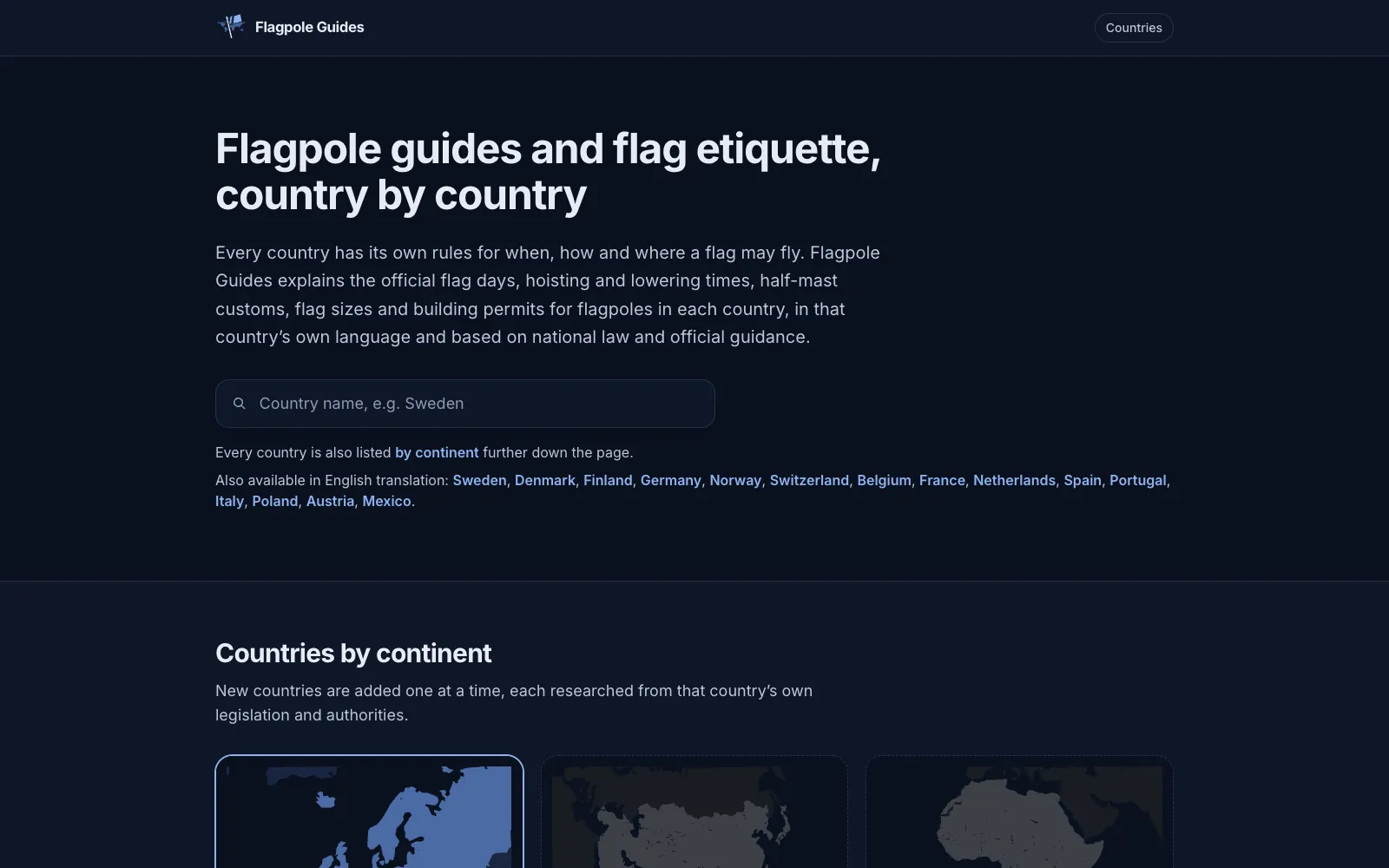 Skärmdump av Flagpole Guides – flaggregler land för land