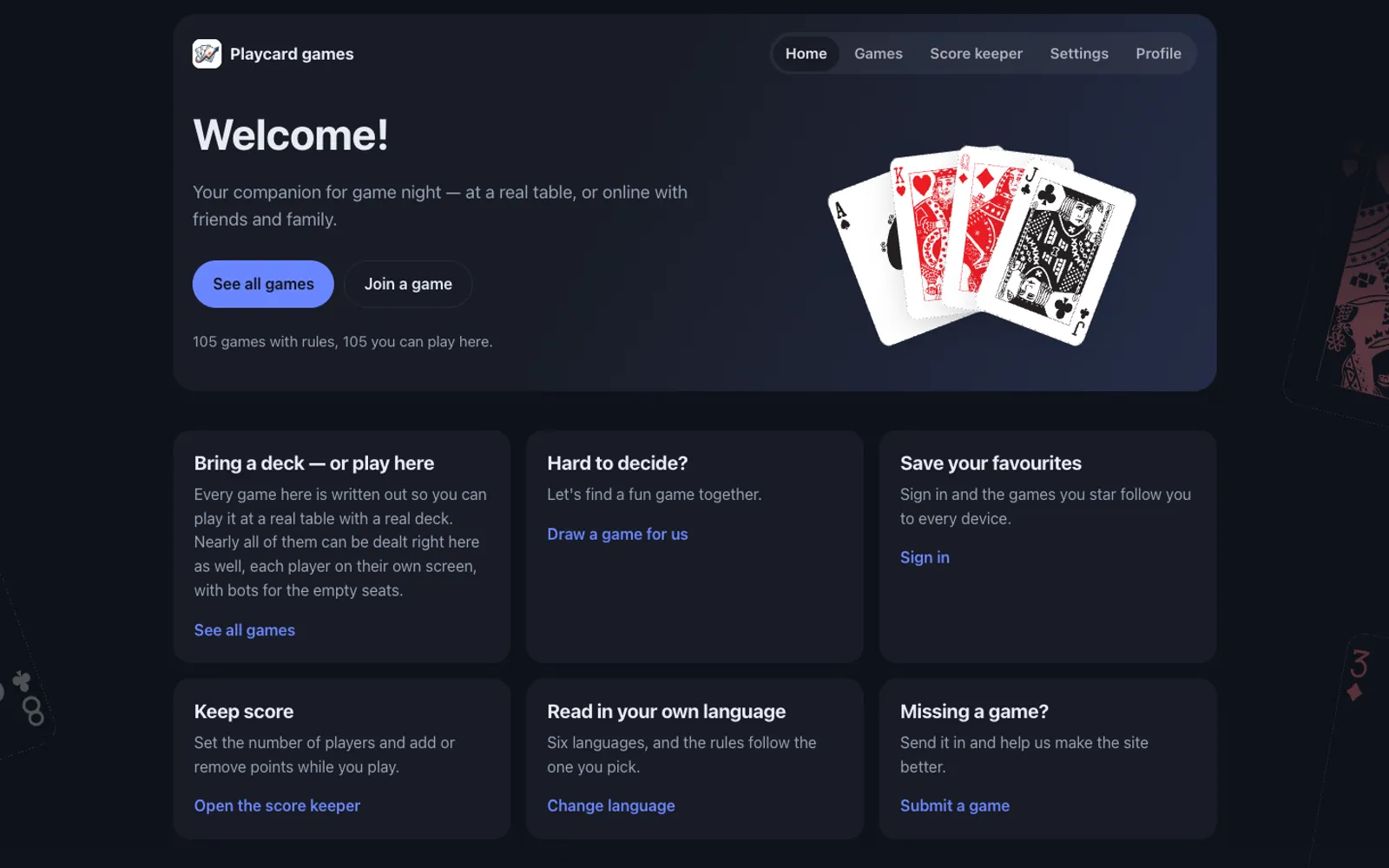 Skärmdump av Playcard games – kortspelsregler och spel online